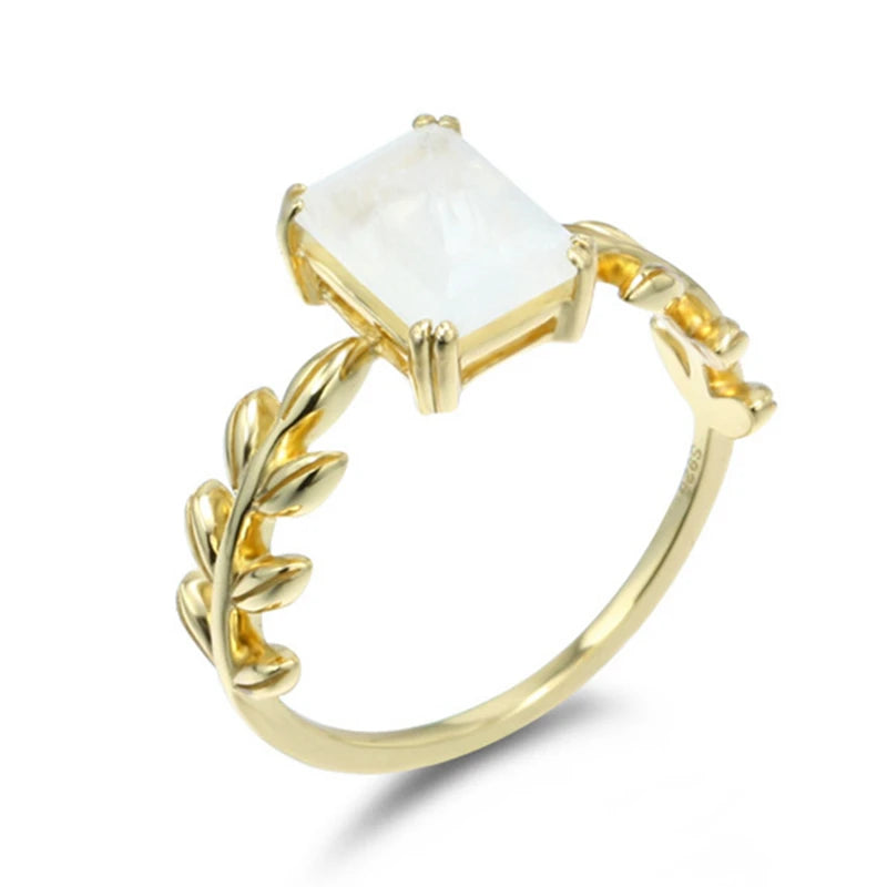 Emotional Factory 925 Sterling Silver 14K Gold Plated Gem Stone Gemstone Rectangle Leaf Leaves Blue Moonstone Ring