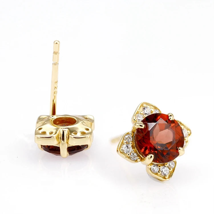 Emotional Factory 925 Sterling Silver 14K Gold Plated Gemstone Red Garnet Petal Shaped Cz Earrings