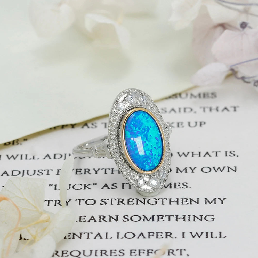 925 Sterling Silver 14K Gold Plated Gem Stone Gemstone Retro Hollow Vintage British Style Artificial Opal Combination Ring