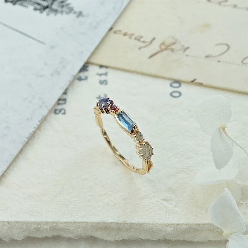 Emotional Factory 925 Sterling Silver 14K Gold Plated Gemstone Geometric Labradorite Topaz Cordierite Iolite Ring