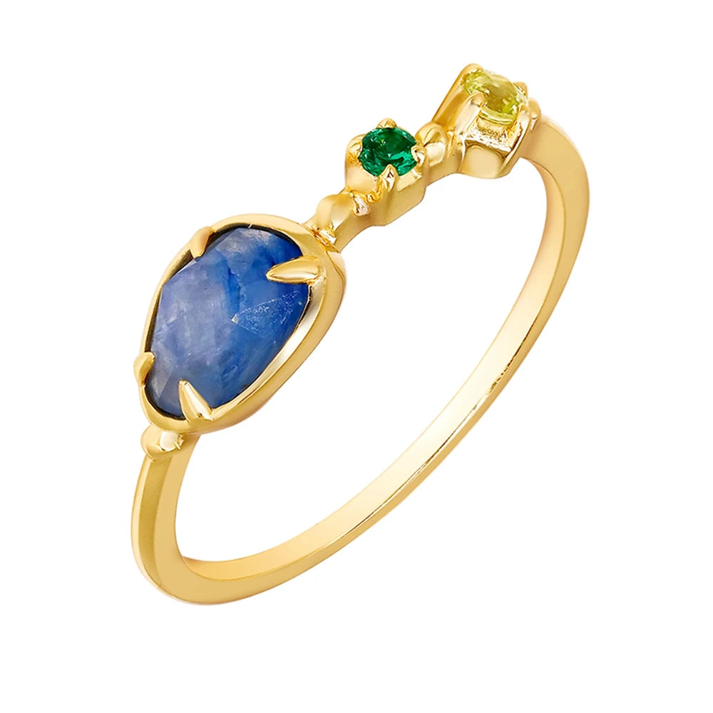 925 Sterling Silver 14K Gold Plated Gemstone Geometric Isomorphs Drop Light Blue Crystal Stone Ring