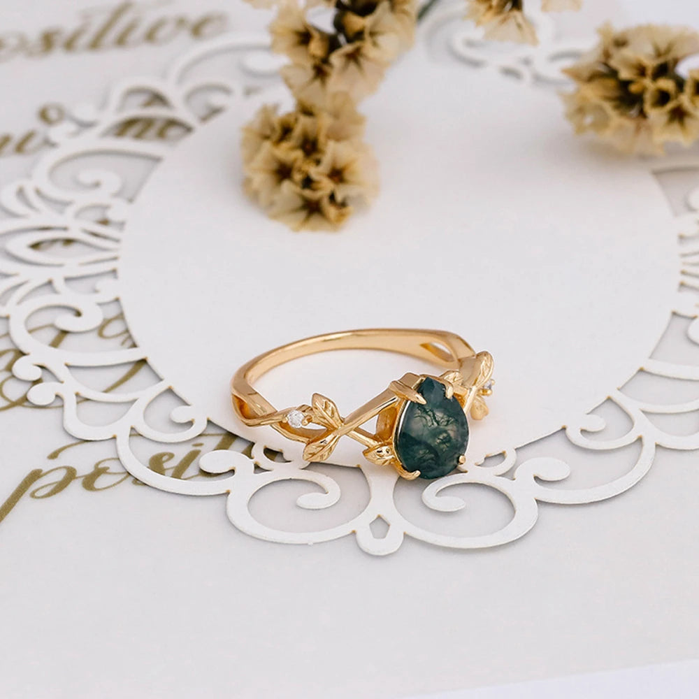 Emotional Factory 925 Sterling Silver 14K Gold Plated Gem Stone Gemstone Cz Zircon Vine Drops Moss Agate Ring