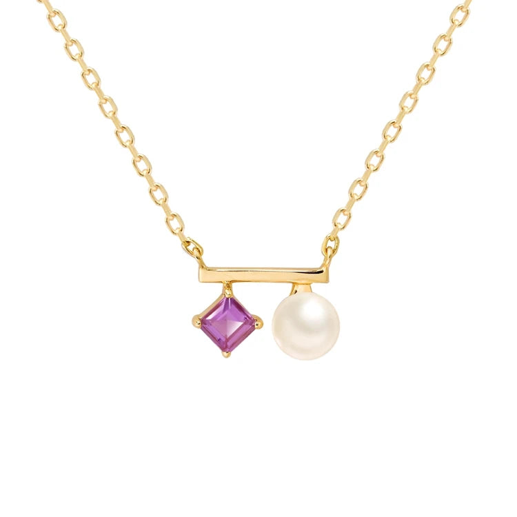 Emotional Factory 925 Sterling Silver 14K Gold Plated Gemstone Pearl Amethyst Bar Necklace