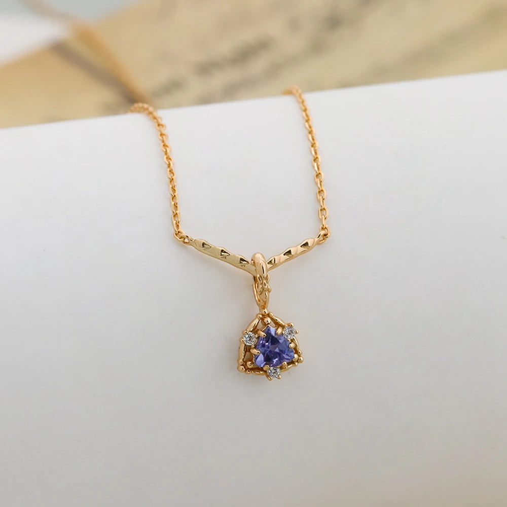 925 Sterling Silver 14K Gold Plated Gemstone Retro Hollow Geometric Triangle Tanzanite  Necklace