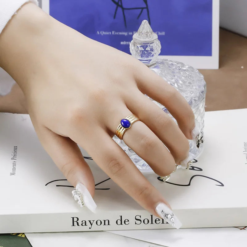 Emotional Factory 925 Sterling Silver 14K Gold Plated Gemstone Literary Retro Thickness Rings Lapis Lazuli Ring