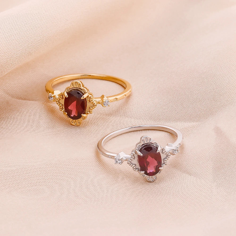 Emotional Factory 925 Sterling Silver 14K Gold Plated Gem Stone Gemstone Big Stone Vintage Oval Cz Zircon Rose Garnet Ring