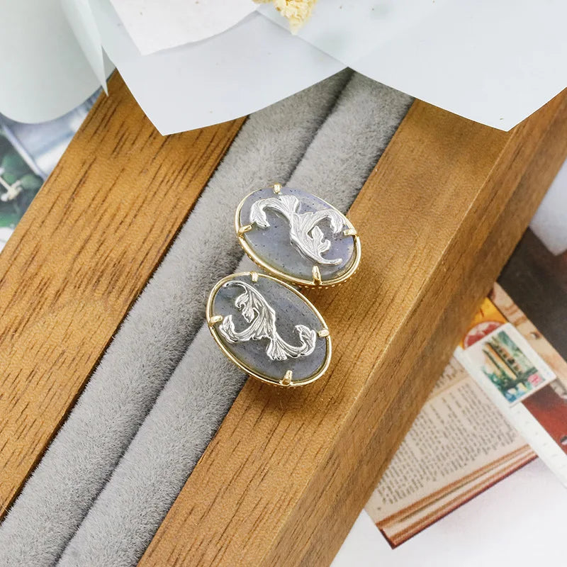 Emotional Factory 925 Sterling Silver 14K Gold Plated Gemstone Geometric Round Grassy Labradorite Earrings