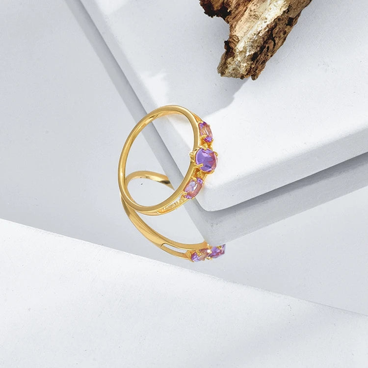 Emotional Factory 925 Sterling Silver 14K Gold Plated Gemstone 3 Stone Natural Amethyst Versatile Rings
