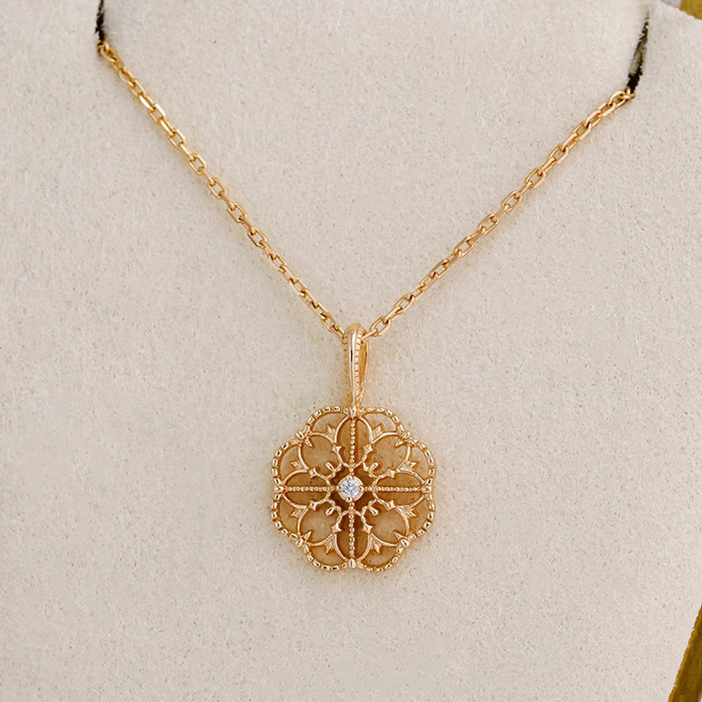 Emotional Factory 925 Sterling Silver 14K Gold Plated Gem Stone Gemstone Retro Hollow Camellia Flower Patterned Petal Pendant