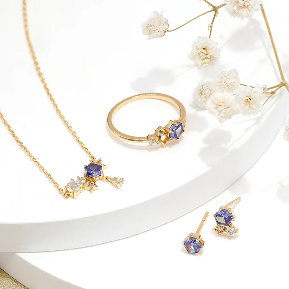 Emotional 925 Sterling Silver 14K Gold Plated Gemstone Series Hand Set Blue Topaz Natural Moonstone Tanzanite Zircon Star Ring