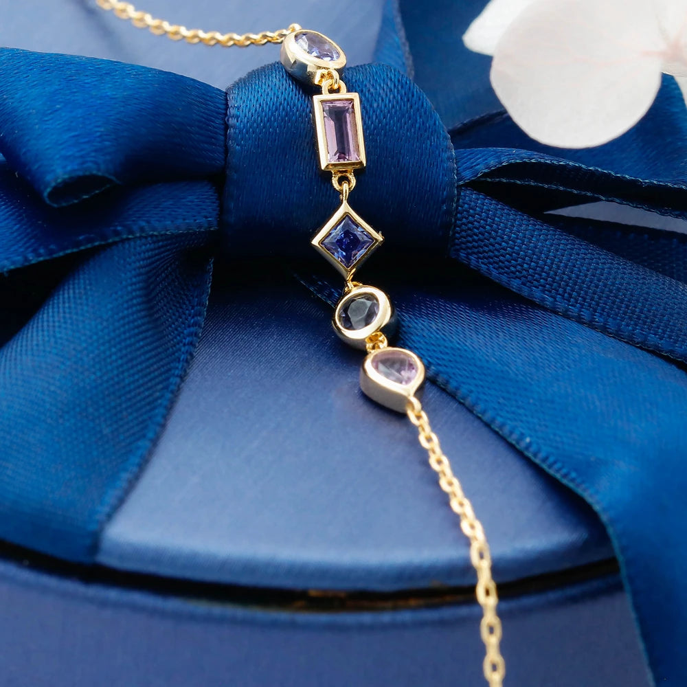 Piedra Pulseras Piedras Naturales 925 Sterling Silver 14K Gold Plated Gemstone Geometry Cordierite Amethyst Tanzanite Bracelet