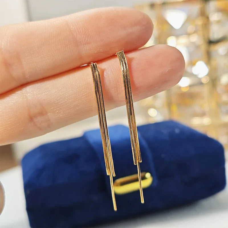 Emotional Factory 925 Sterling Silver 14K Gold Plated  Light Luxury Tassel Long Snake Bone Chain Stud Earrings