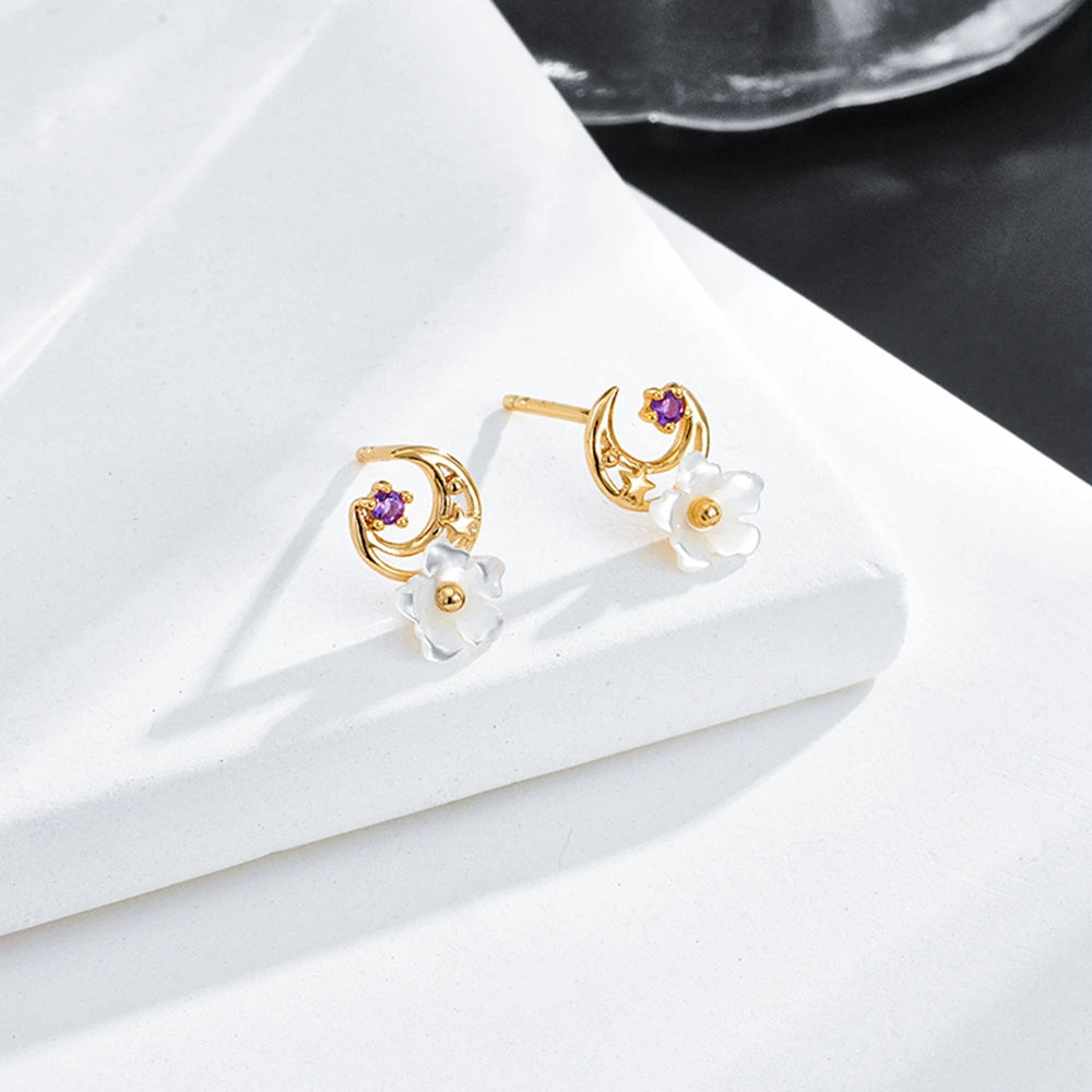 Emotional Jewelry 925 Sterling Silver 14K Gold Plated Gemstone Series White Shell Flower Small Amethyst Crescent Shaped Earrings