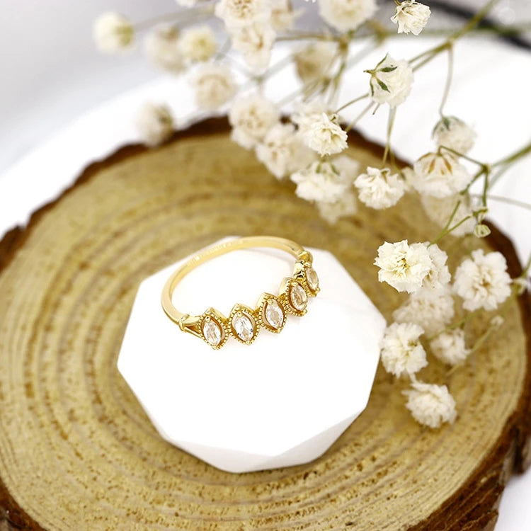 925 Sterling Silver 14K Gold Plated Gemstone Oval Marquise Stone White Topaz Royal Style Ring