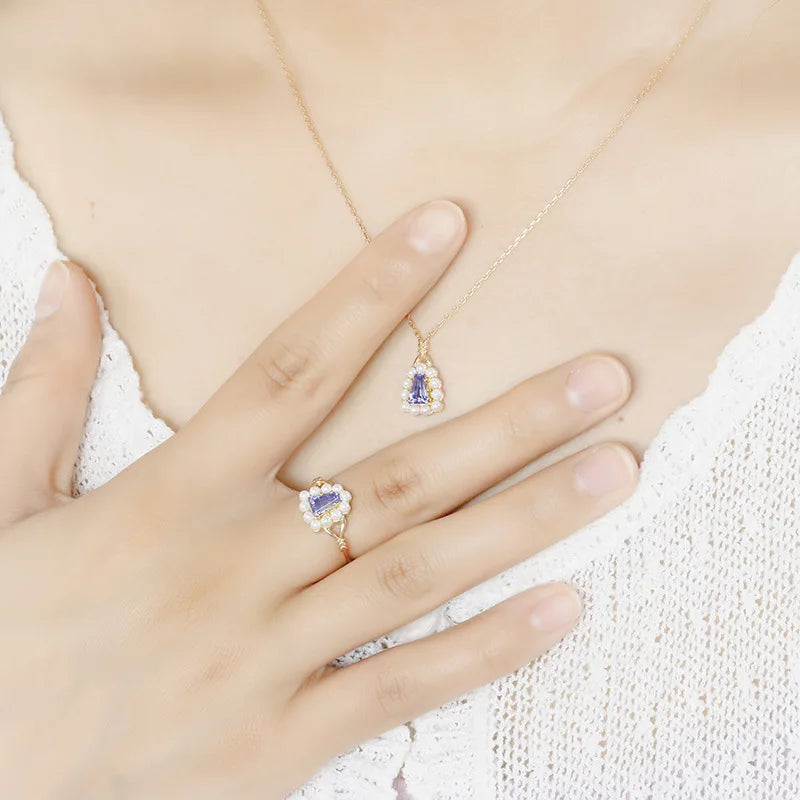 925 Sterling Silver 14K Gold Plated Gemstone Geometric Trapezoid Tanzanite Zirconia Cz Zircon Shell Bead Pearl Ring