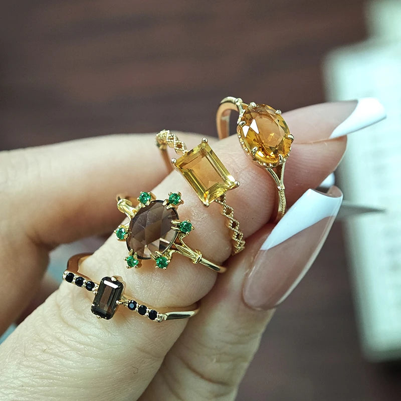 925 Sterling Silver 14K Gold Plated Gemstone Amethyst Topaz Princess Natural Octagonal Cut Tea Crystal Square Citrine Ring