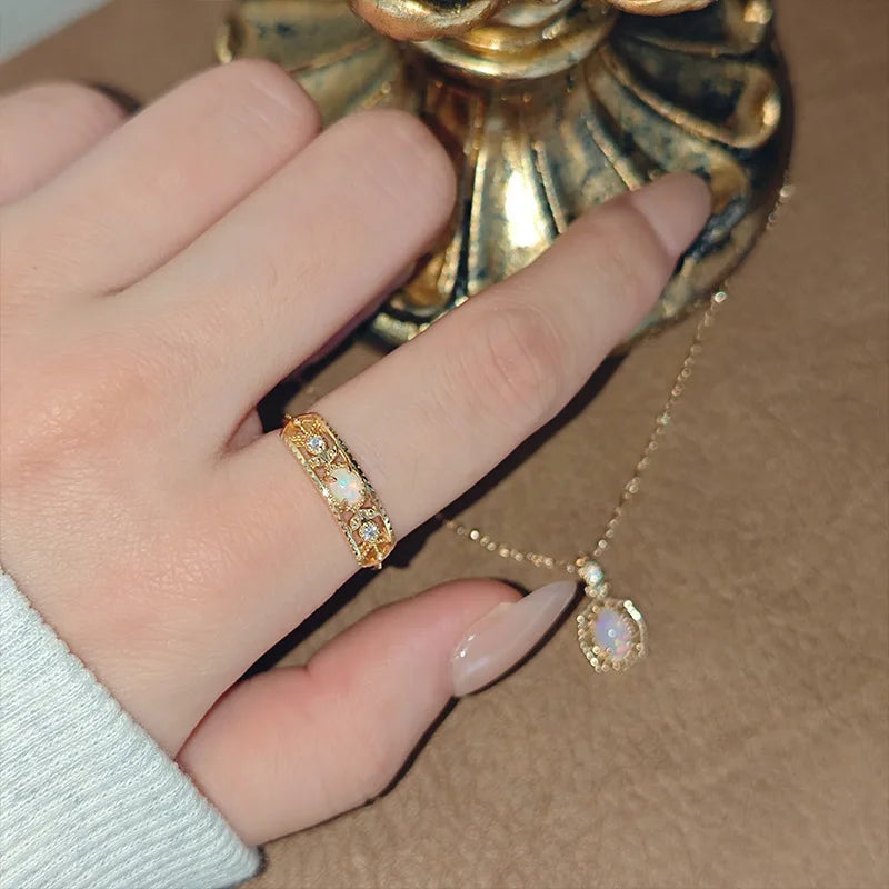 Emotional Factory 925 Sterling Silver 14K Gold Plated Gemstone Retro Hollow Opal Ring for Women