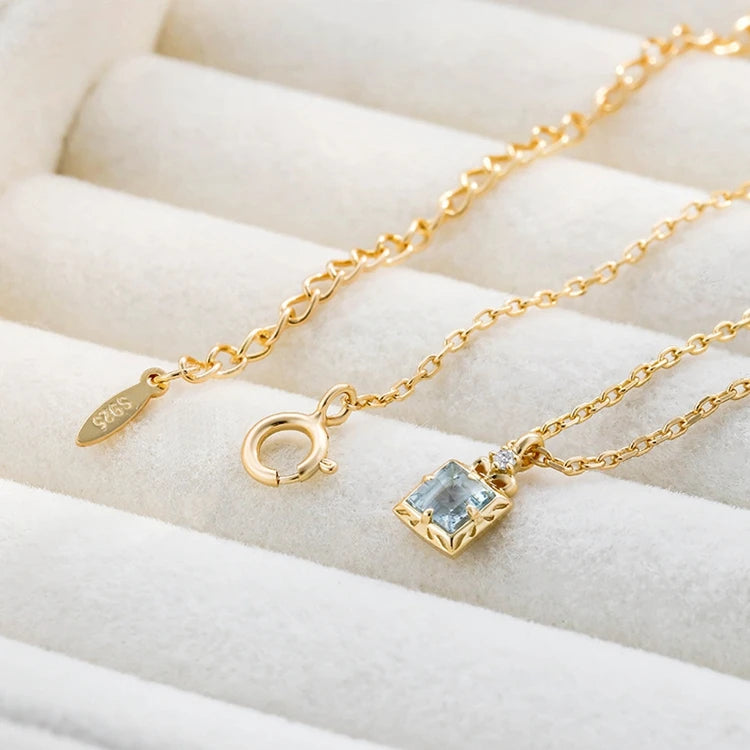 Emotional Factory 925 Sterling Silver 14K Gold Plated Gemstone Simplicity Zircon Geometric Square Aquamarine Necklace