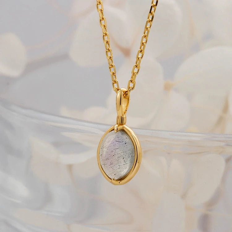 Emotional Factory 925 Sterling Silver 14K Gold Plated Gemstone Round Stone Egg Shape Natural Labradorite Pendant Necklace