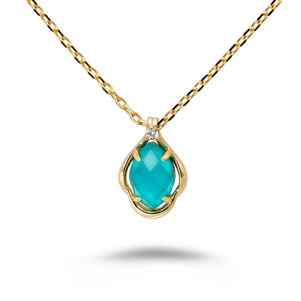 925 Sterling Silver 14K Gold Plated Gem Stone Gemstone Cz Zircon Turquoise Natural White Rock Crystal Necklace