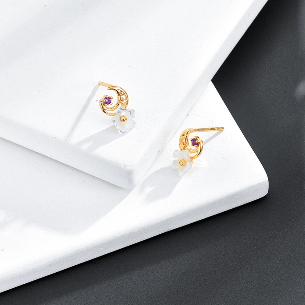 Emotional Jewelry 925 Sterling Silver 14K Gold Plated Gemstone Series White Shell Flower Small Amethyst Crescent Shaped Earrings