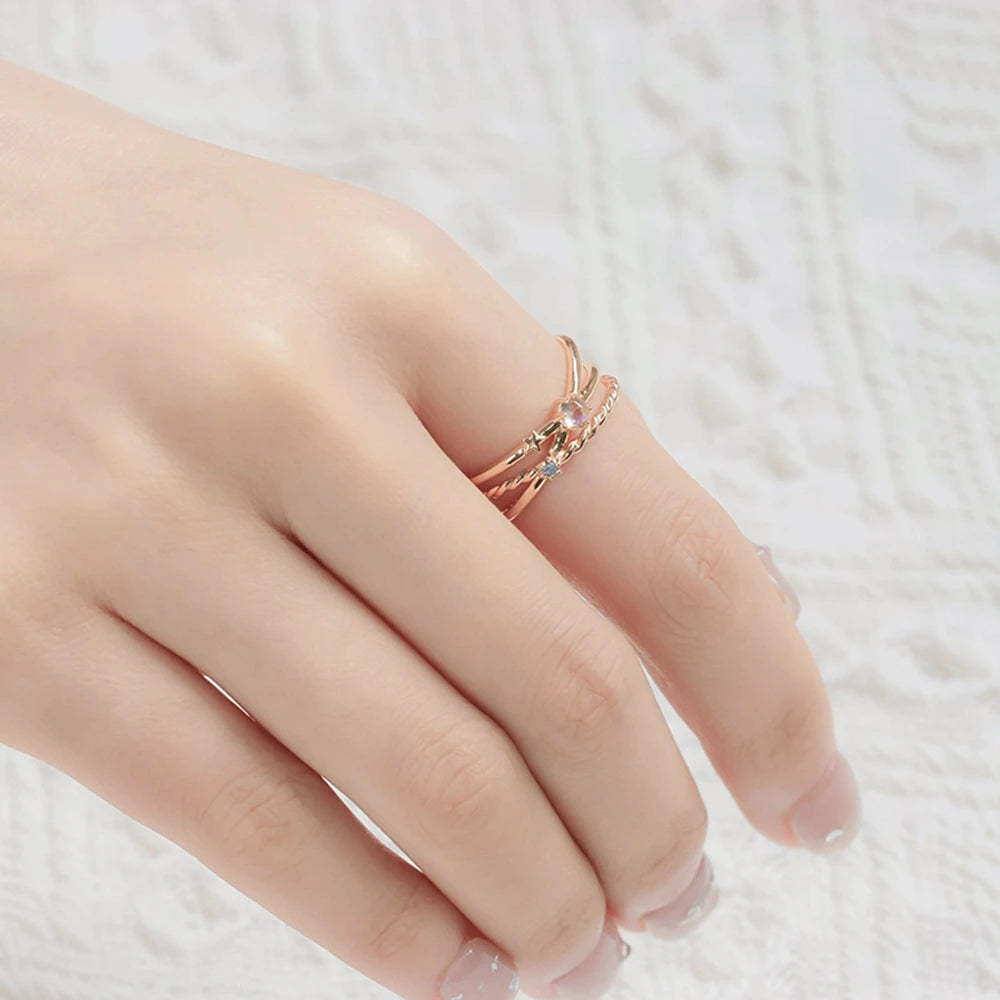 Natural Moonstone Hollow Track Star Triple Ring