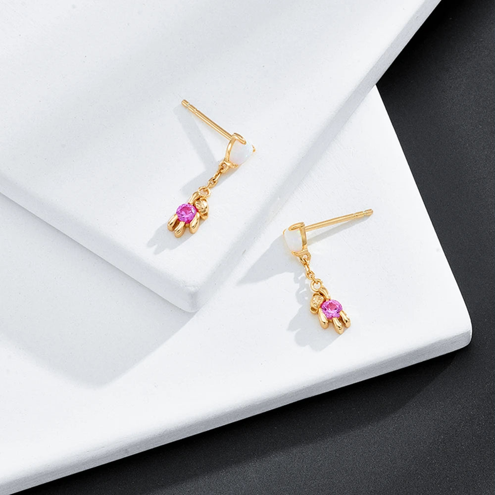 Emotional Factory Jewelry 925 Sterling Silver 14k Gold Plated Gemstone Series Chain Opal Red Corundum Bear Small Earrings