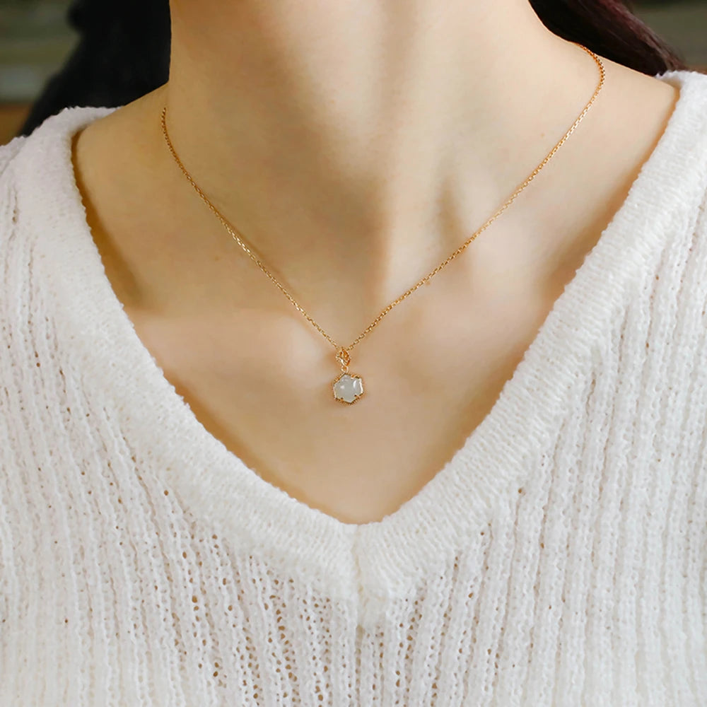 925 Sterling Silver 14K Gold Plated Gemstone Retro Vintage Hexagonal Jade Nephrite Necklace