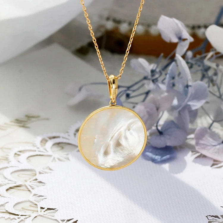 925 Sterling Silver 14K Gold Plated Gemstone Hollow Geometric Circle Natural Freshwater Pearl White Shell Pendant Necklace