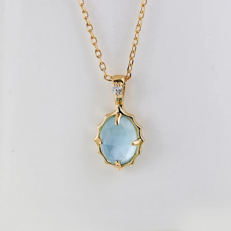 Factory 925 Sterling Silver 14K Gold Plated Gem Stone Gemstone Retro  Cz Zircon Round White Shell Sky Blue Glass Necklace