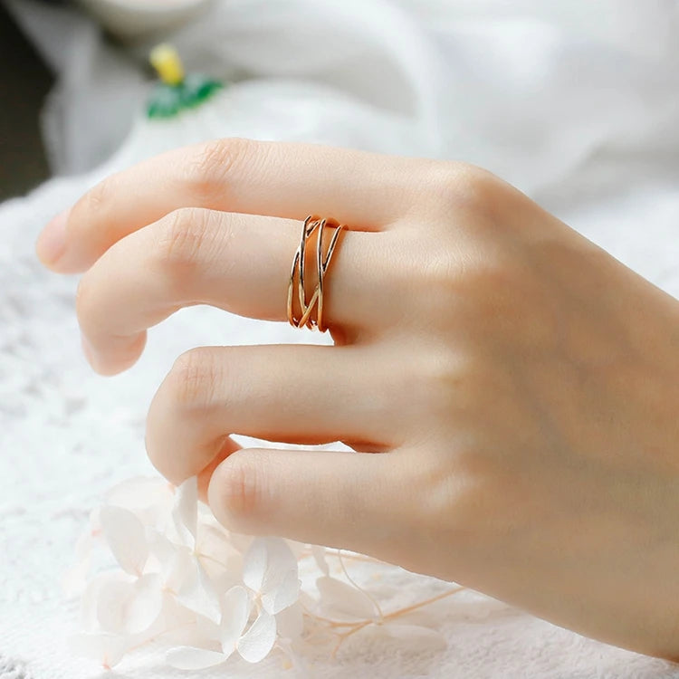 Emotional Factory 925 Sterling Silver 14K Gold Plated Multilayer Line Irregular Curve Vegetable Ring