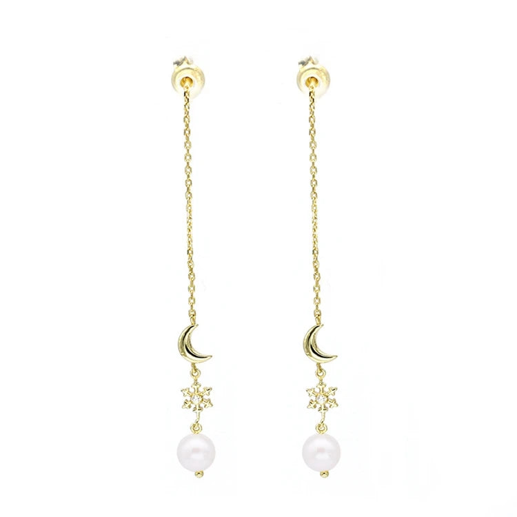 Emotional Factory 925 Sterling Silver 14K Gold Plated Gemstone Pearl Moon Star Long Line Earrings