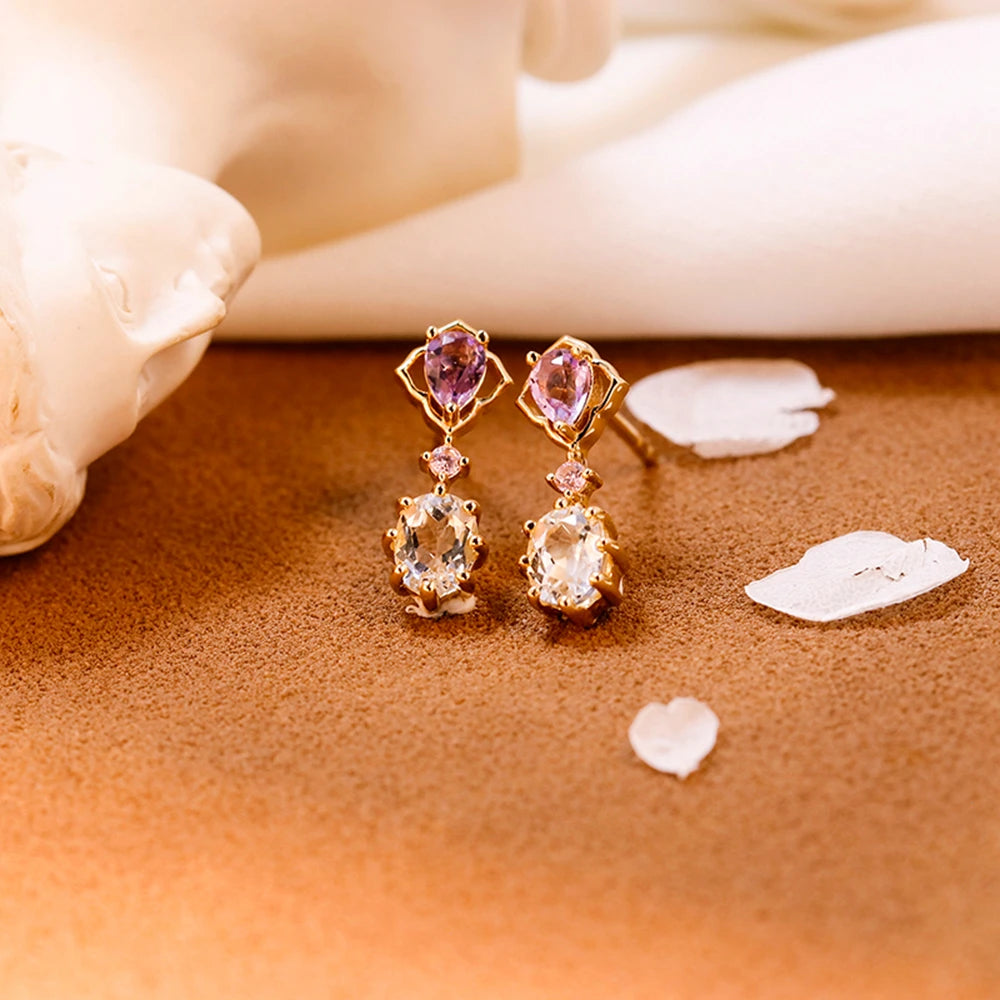 Emotional Factory 925 Sterling Silver 14K Gold Plated Gemstone Zircon White Topaz Pink Amethyst Strip  Earrings