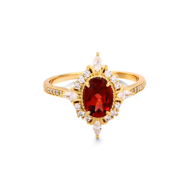 925 Silver 14k Gold Plated Geometric Ring with Natural Garnet & Vintage Cubic Zircon - Elegant Handcrafted  FIne Jewelry