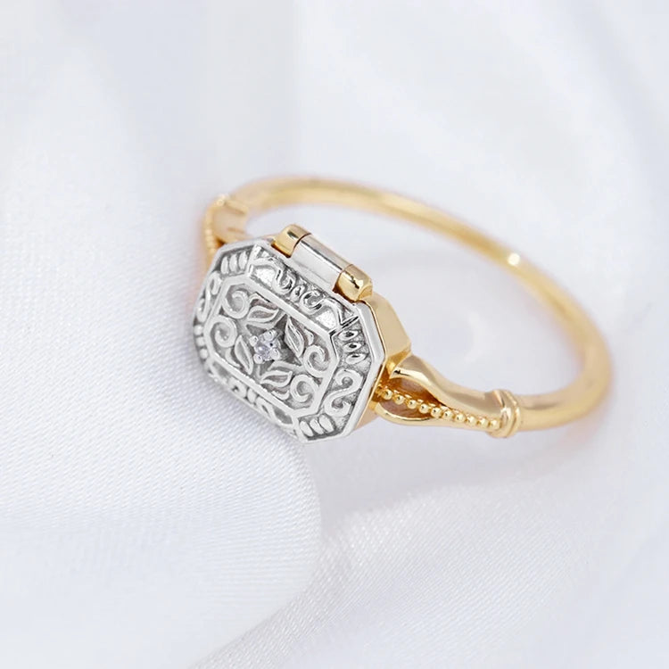 925 Sterling Silver Anillos De Boda Bijoux 14K Gold Ancient Medieval Style Two Color Plated Open Treasure Box Ring