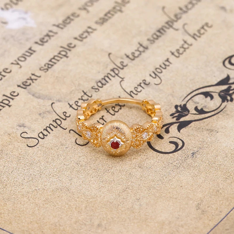 French Vintage Lace Surrounding Design S925 Silver Plated 14k Gold Ruby Ring