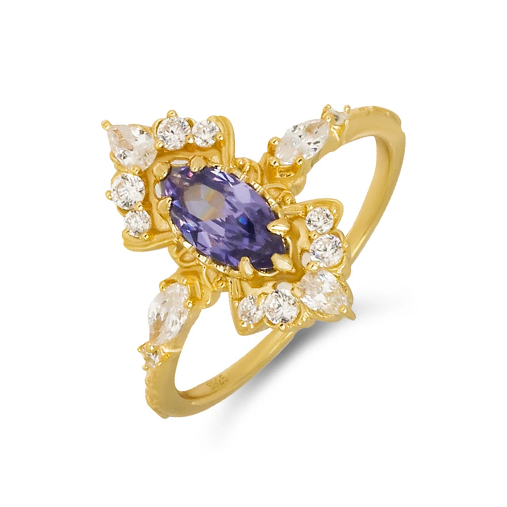 Emotional Factory 925 Sterling Silver 14K Gold Plated Gemstone Retro  Cz Flower Blue Tanzanite Zircon Ring