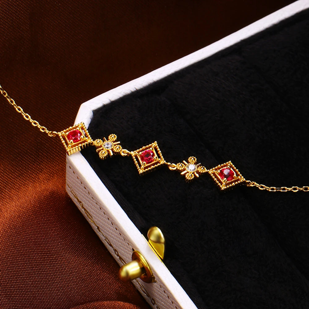 Pulseras 925 Sterling Silver 14K Gold Plated Gemstone Red Corundum Diamond Shaped Green Spinel Zircon Bracelet