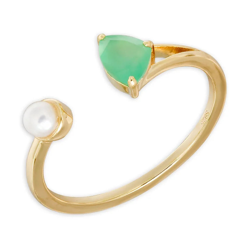 925 Sterling Silver 14K Gold Plated Gemstone Triangle Chrysoprase Natural Freshwater Pearl Adjustable Opening Ring