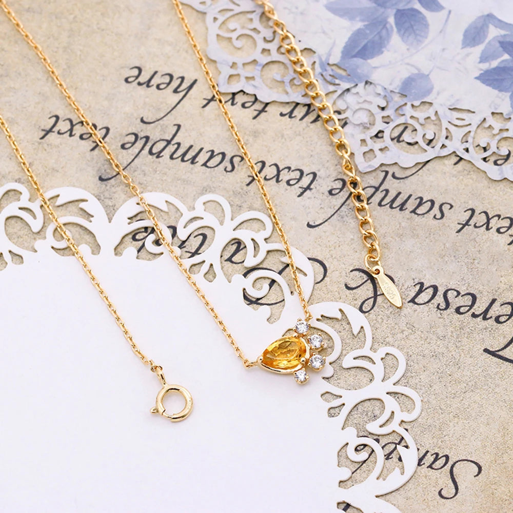 925 Sterling Silver 14K Gold Plated Gemstone Zircon Petals Drop Citrine Necklace With Natural Stone