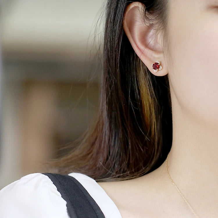 Emotional Factory 925 Sterling Silver 14K Gold Plated Gemstone Red Garnet Petal Shaped Cz Earrings