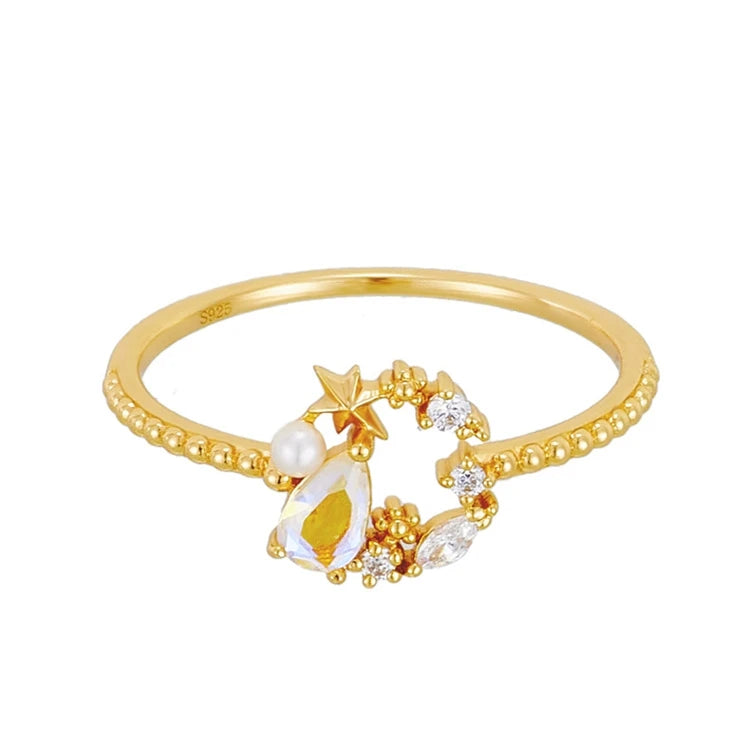 Emotional Factory 925 Sterling Silver 14K Gold Plated Gemstone Hollow Star Blue Quartz Stone Ring