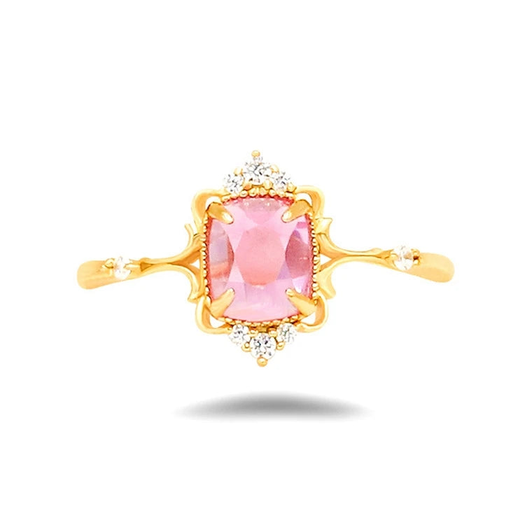 Emotional Factory 925 Sterling Silver 14K Gold Plated Gem Stone Gemstone Retro Cz Zircon Fresh Sweet Red Corundum Ring