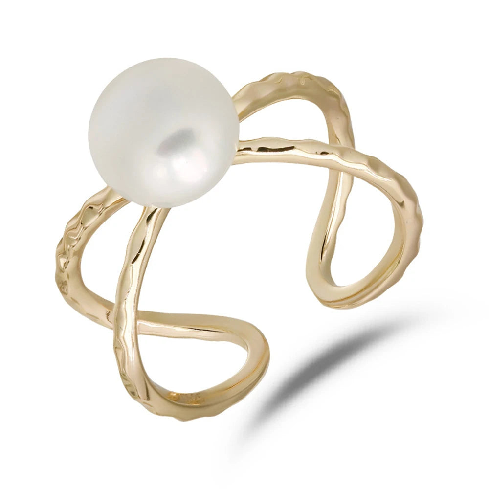 Emotional Factory 925 Sterling Silver 14K Gold Plated Gemstone Adjustable Overpass Natural Pearl Ring