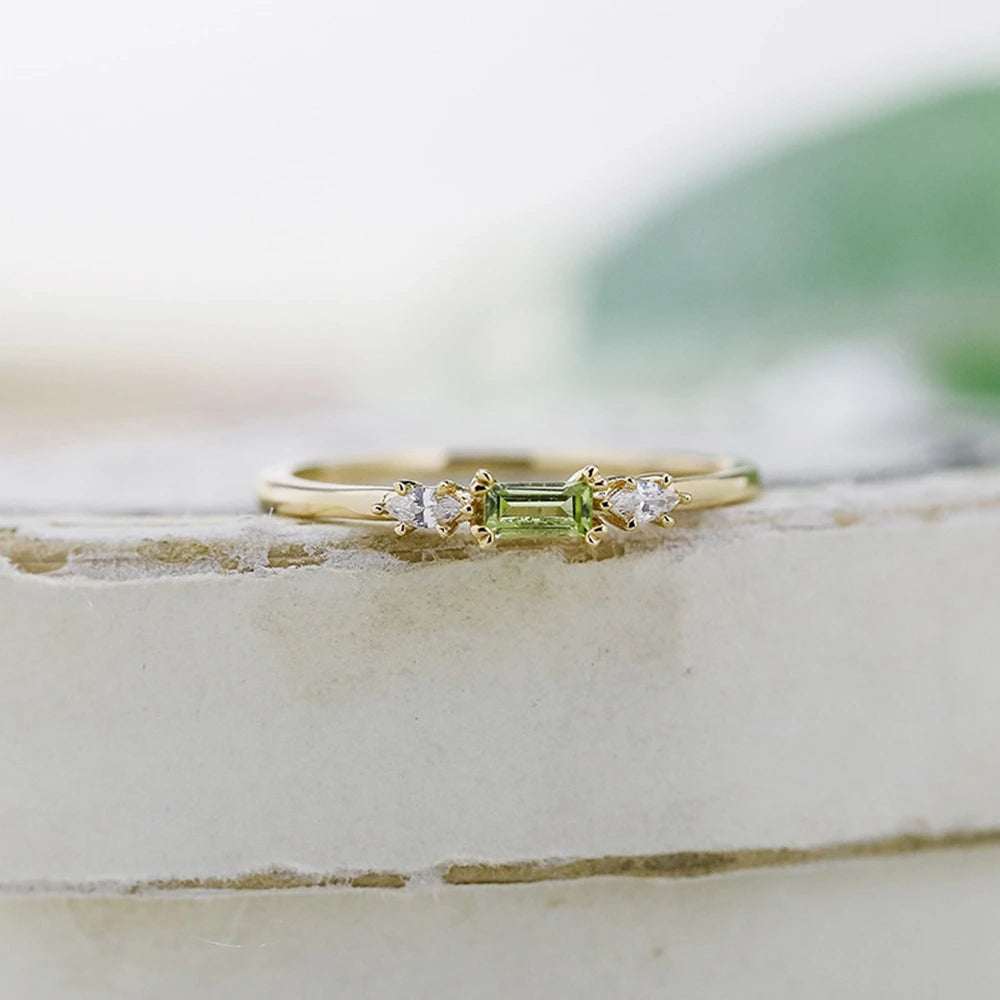 Joyeria Al Por Mayor Factory 925 Sterling Silver Gold Plated Gemstone Cz Zircon Geometric Rectangular Stone Green Peridot Ring