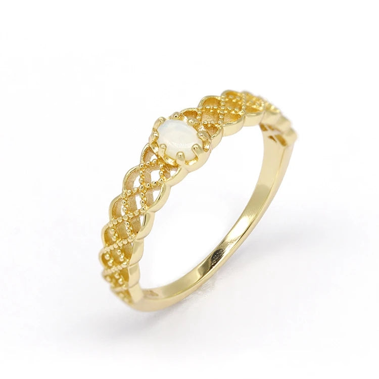 Emotional Les Bagues De Femme Joyeria Hiphop Factory 925 Sterling Silver 14K Gold Plated Gemstone Opal Hollow Lace Edge Ring