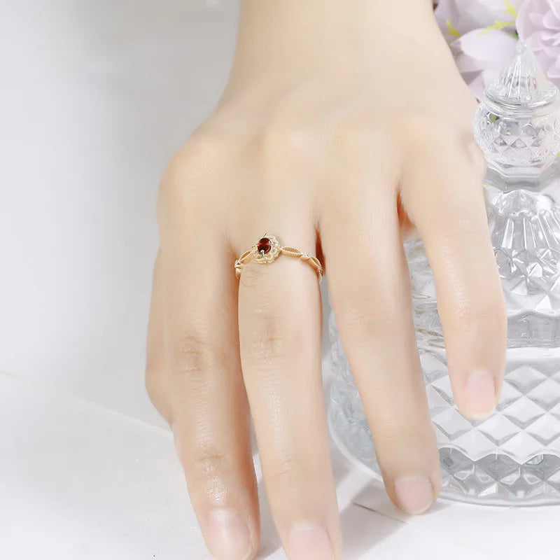 Anel De Prata  925 Sterling Silver 14K Gold Plated Gemstone Vintage Picture Frame Hollow Lace Natural Garnet Ring