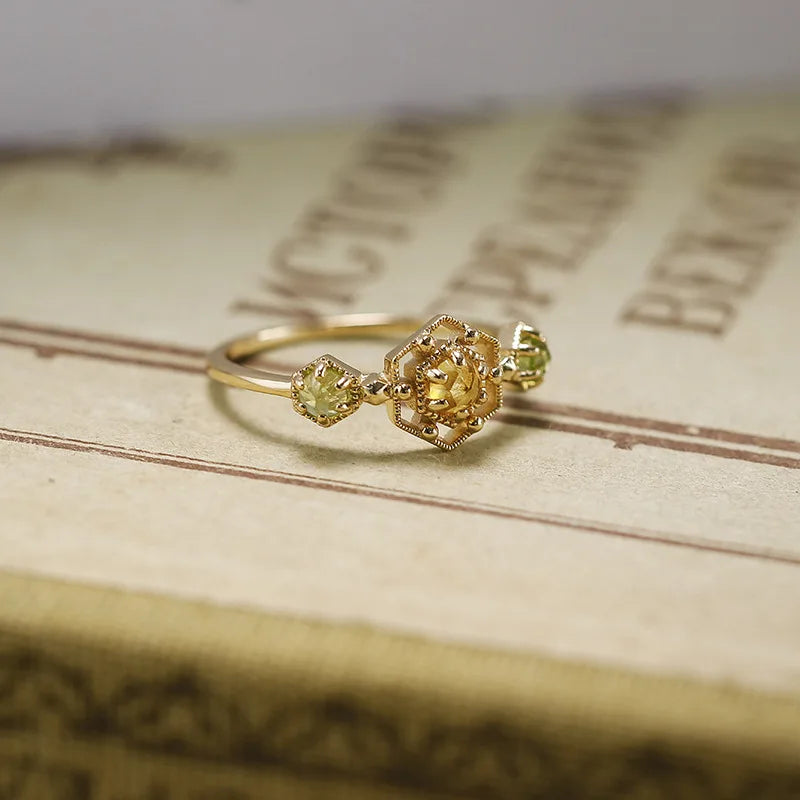 Emotional Factory 925 Sterling Silver 14K Gold Plated Gemstone Lace Hollow Geometric Citrine Peridot Ring
