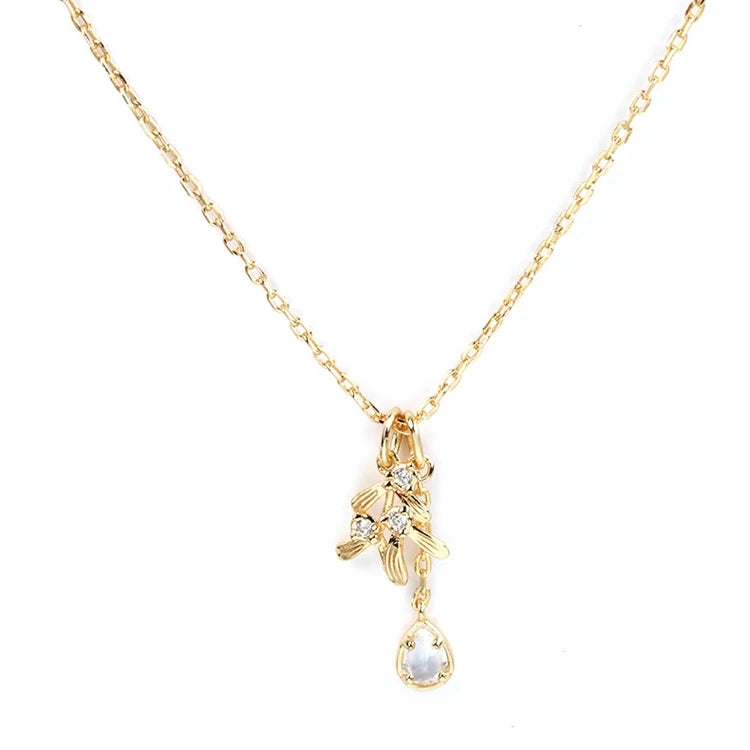 Emotional Factory 925 Sterling Silver 14K Gold Plated Gemstone Drop Leaf Crystal Double Pendant Necklace