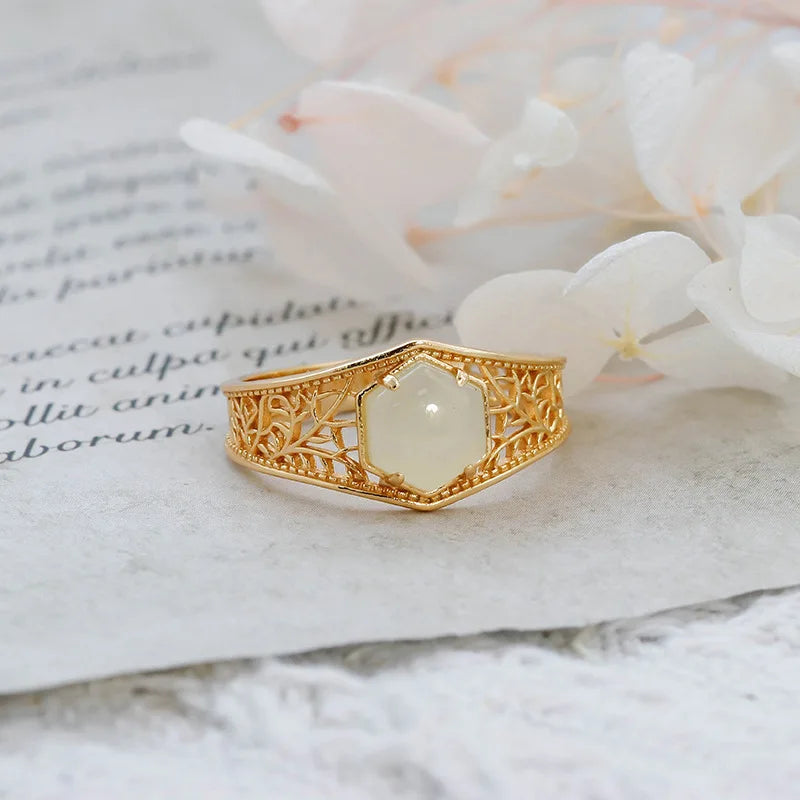 Piedras Pata  Artesanal Joyeria Por Mayor Retro Hollow Carved RingS925Silver Plating14KKim Hetian Jade Ring